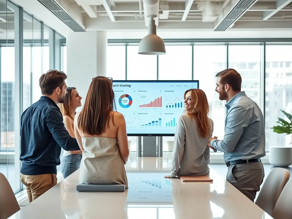 A focused marketing team collaborating on a digital strategy, reviewing analytics on a large screen, with charts showing positive growth trends, set in a modern office environment.