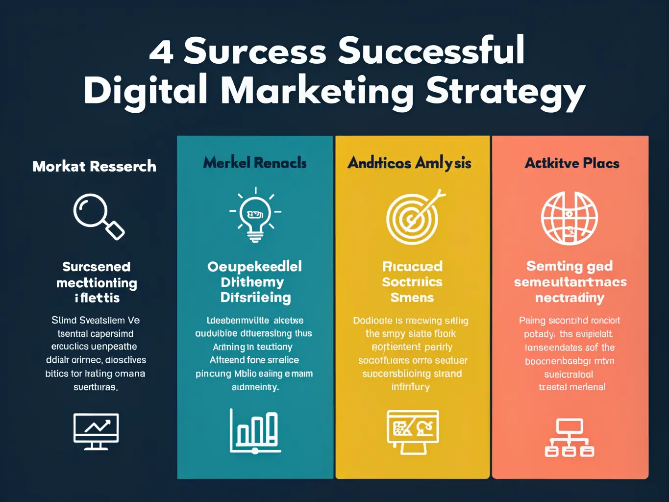 An infographic illustrating the components of a successful digital marketing strategy, including market analysis, target audience identification, and channel selection, used in the context of Blue Fusion Ventures' service offerings.