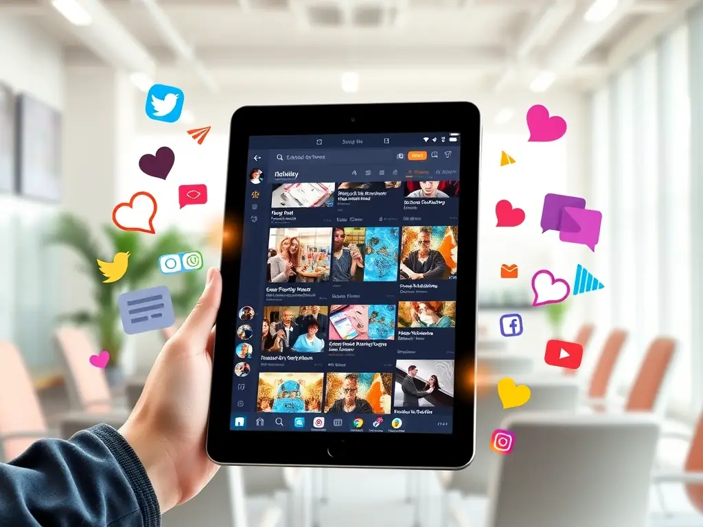 A vibrant social media feed displayed on a tablet, showcasing engaging content, high engagement rates, and positive brand mentions, set against a backdrop of a bustling office.