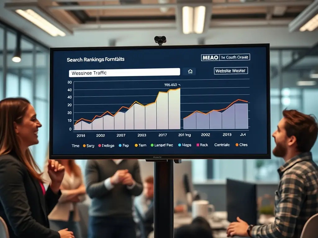 A website's search engine ranking displayed on a laptop screen, showing top positions for relevant keywords, alongside graphs illustrating organic traffic growth, set in a bright, collaborative workspace.